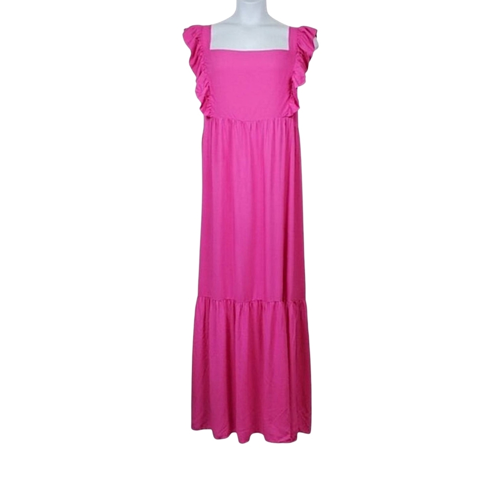 Eloquii Womens Sleeveless Pink Ruffle Square Neck Tie Back Maxi Dress Size 26